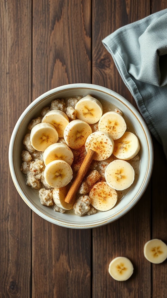 A bowl of cinnamon banana oatmeal topped with sliced bananas and a sprinkle of cinnamon.