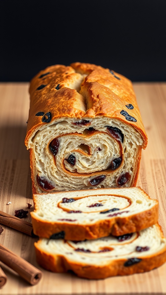 A freshly baked loaf of cinnamon raisin bread sliced to show the swirls of cinnamon and raisins inside.