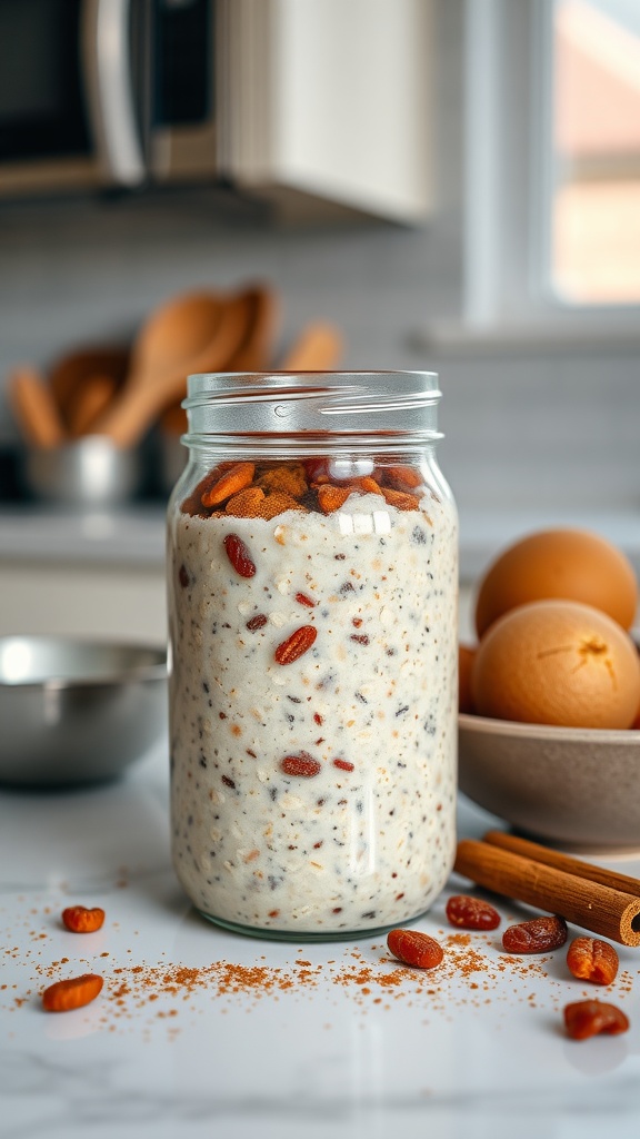 A jar of cinnamon roll overnight oats topped with nuts and cinnamon.
