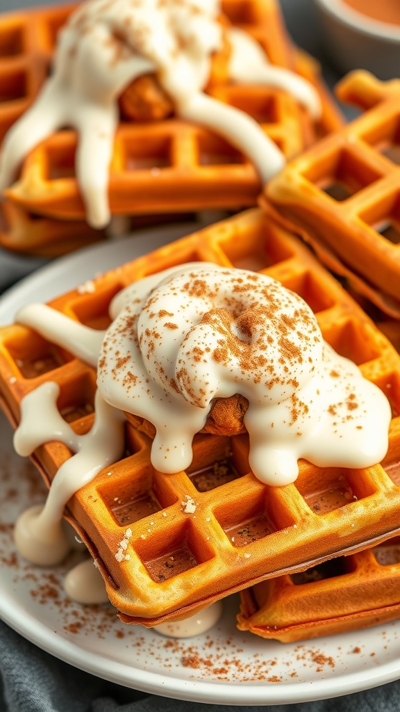 Delicious cinnamon roll waffles topped with icing and sprinkled with cinnamon