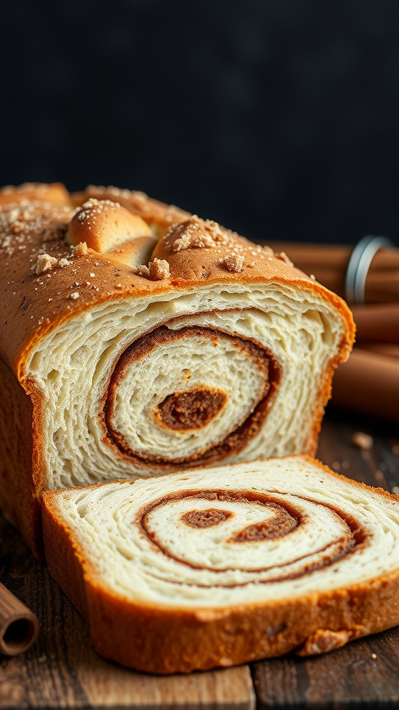 A loaf of cinnamon swirl bread sliced open to show the swirls of cinnamon sugar inside.