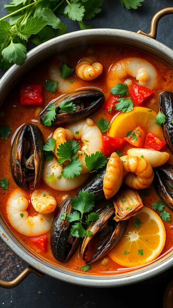 A bowl of cioppino seafood stew with shrimp, mussels, and fresh herbs.