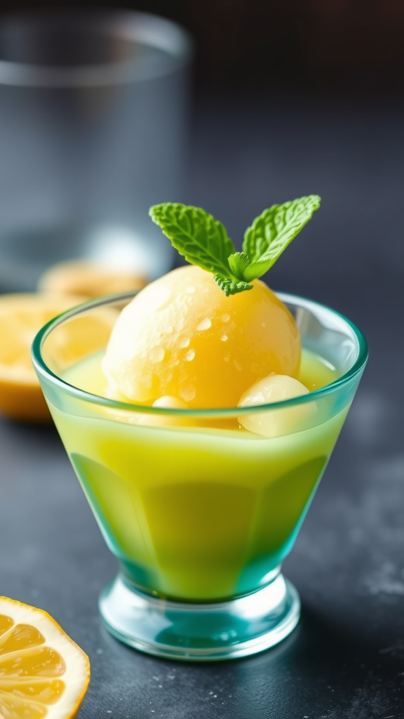 A refreshing Citrus Lemon Sorbet served in a glass cup, garnished with a mint leaf.