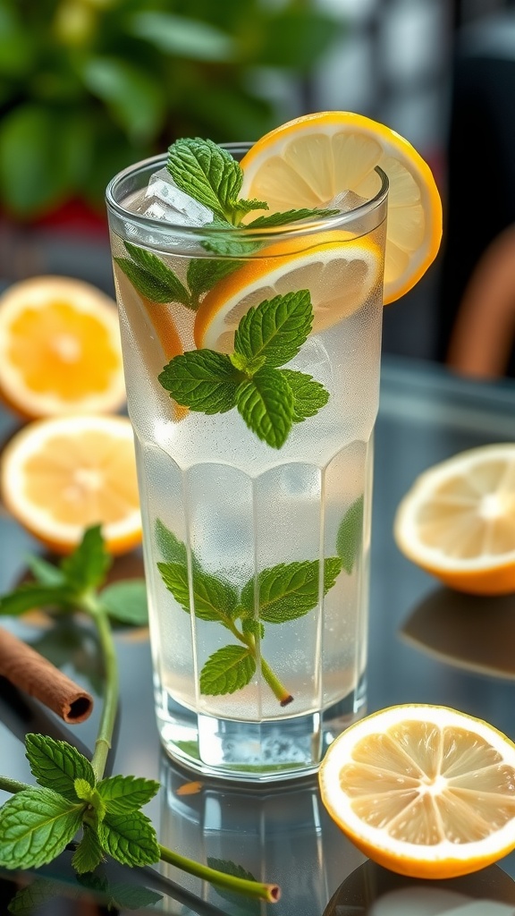 A refreshing glass of Citrus Mint Iced Tea with lemon slices and mint leaves.