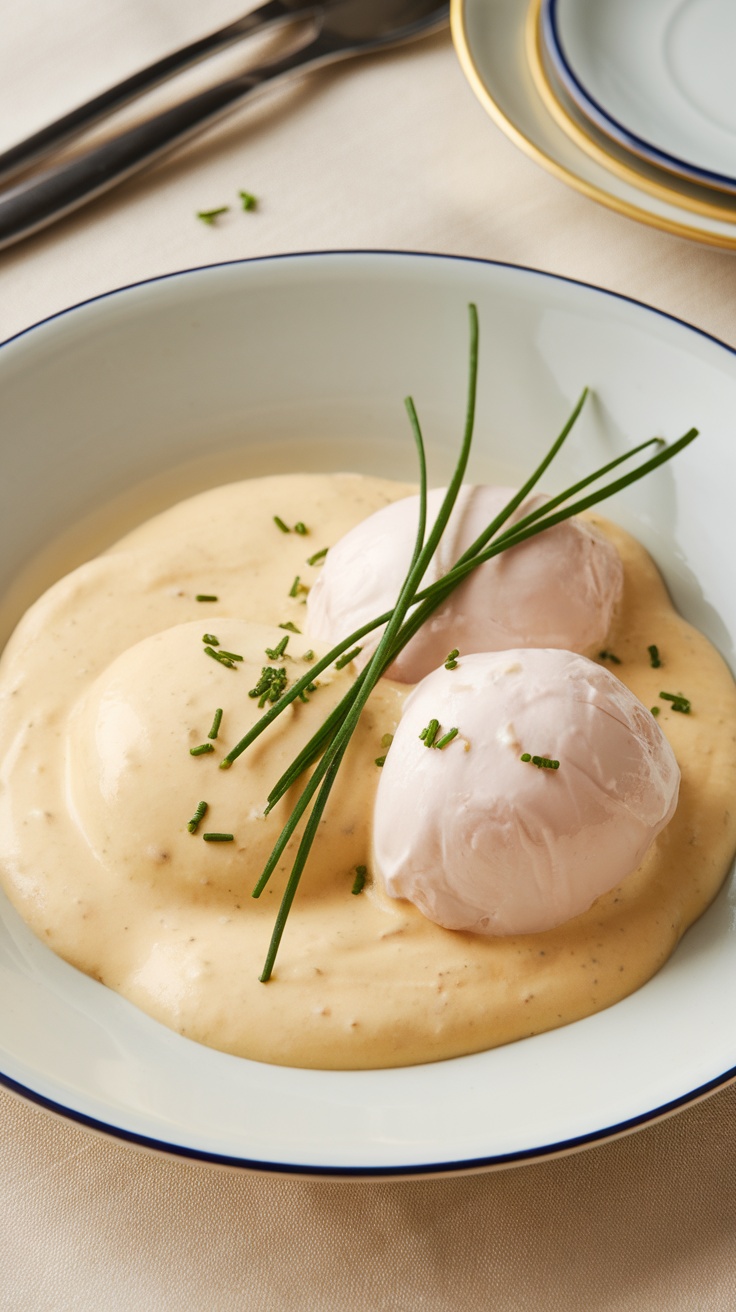 A creamy Béarnaise sauce served over poached eggs, garnished with chives.