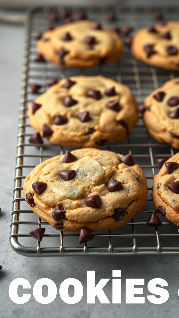 Classic chewy chocolate chip cookies on a cooling rack.