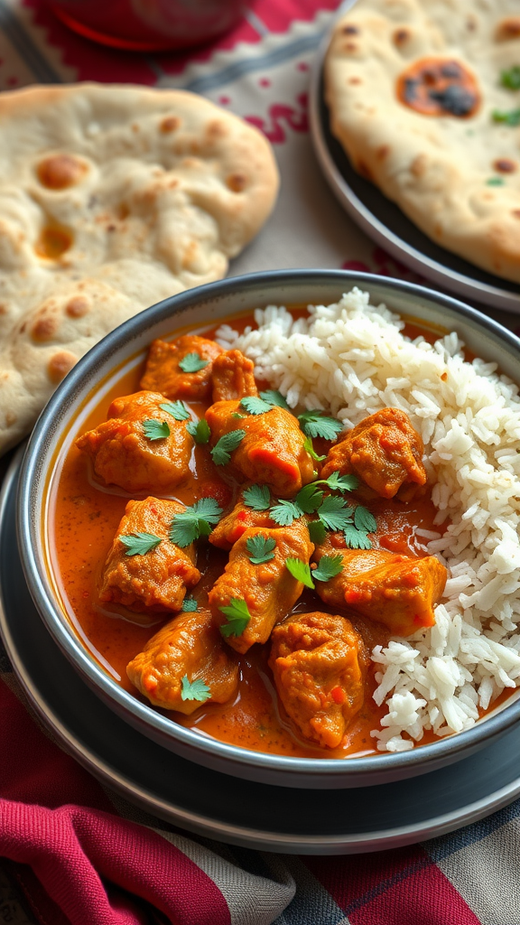 Delicious Chicken Tikka Masala served with rice and naan.