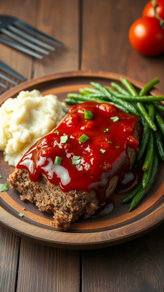 A plate of classic meatloaf with ketchup glaze, mashed potatoes, and green beans.