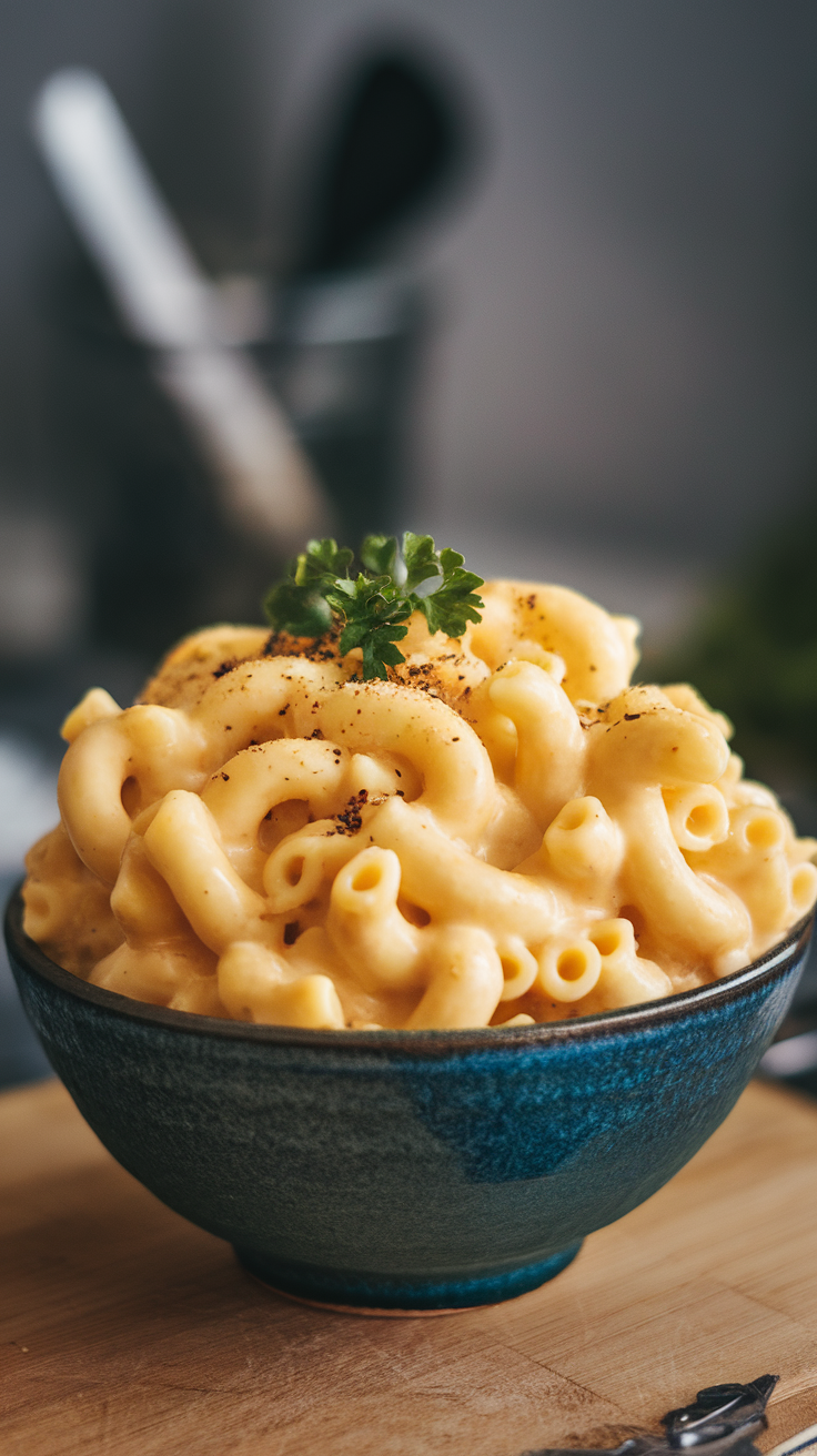 A bowl of classic creamy mac and cheese topped with parsley.