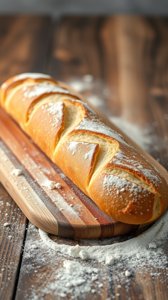 A freshly baked classic French baguette on a wooden cutting board