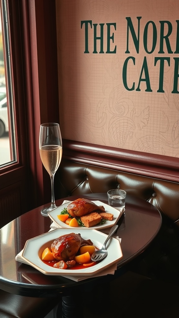 A classic French bistro dinner setting with chicken, vegetables, and wine.