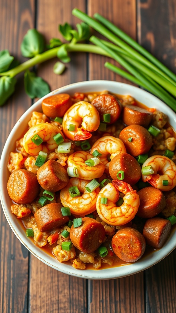 A vibrant bowl of classic jambalaya with shrimp and sausage, garnished with green onions.