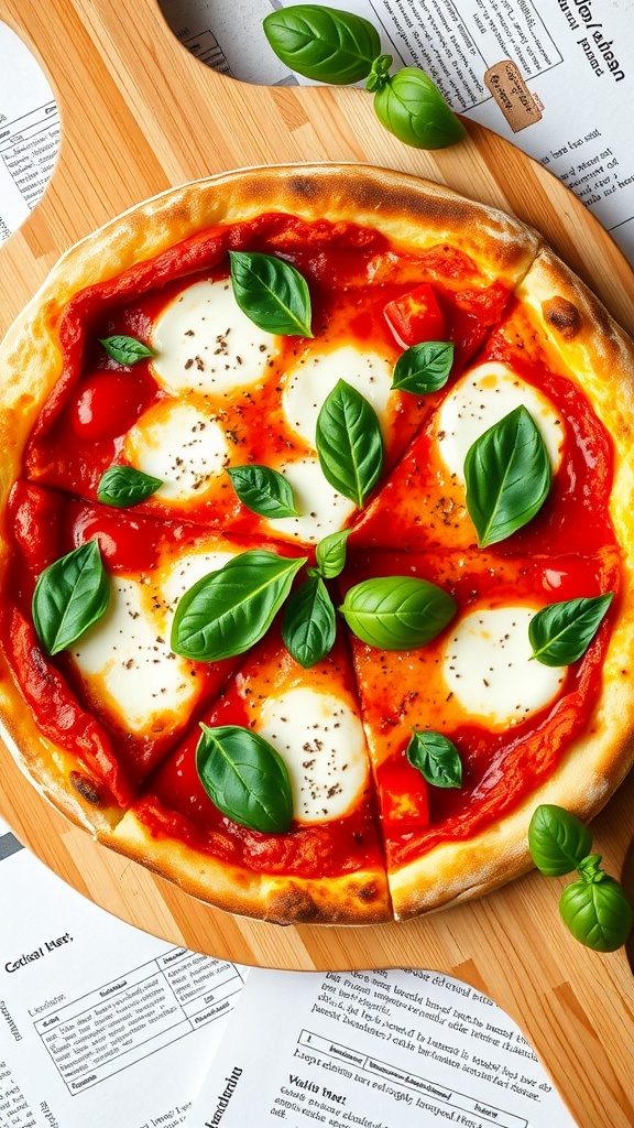 A delicious Margherita pizza with fresh basil leaves and mozzarella cheese.