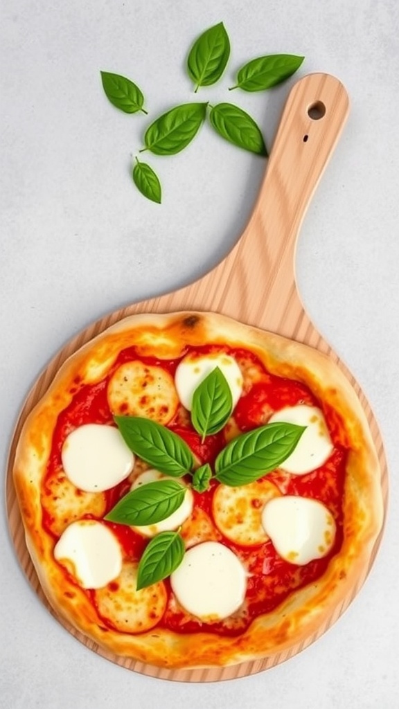 A classic Margherita pizza with fresh basil on a wooden pizza peel.