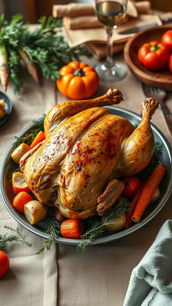 A beautifully roasted chicken served with colorful vegetables on a plate, perfect for a romantic dinner.