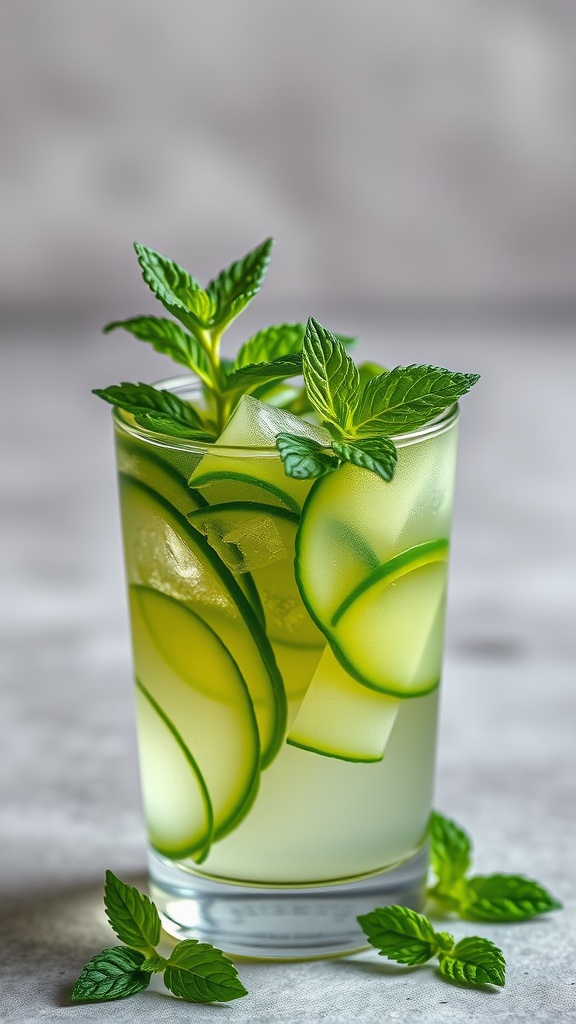 Refreshing glass of cucumber mint juice with mint leaves and cucumber slices