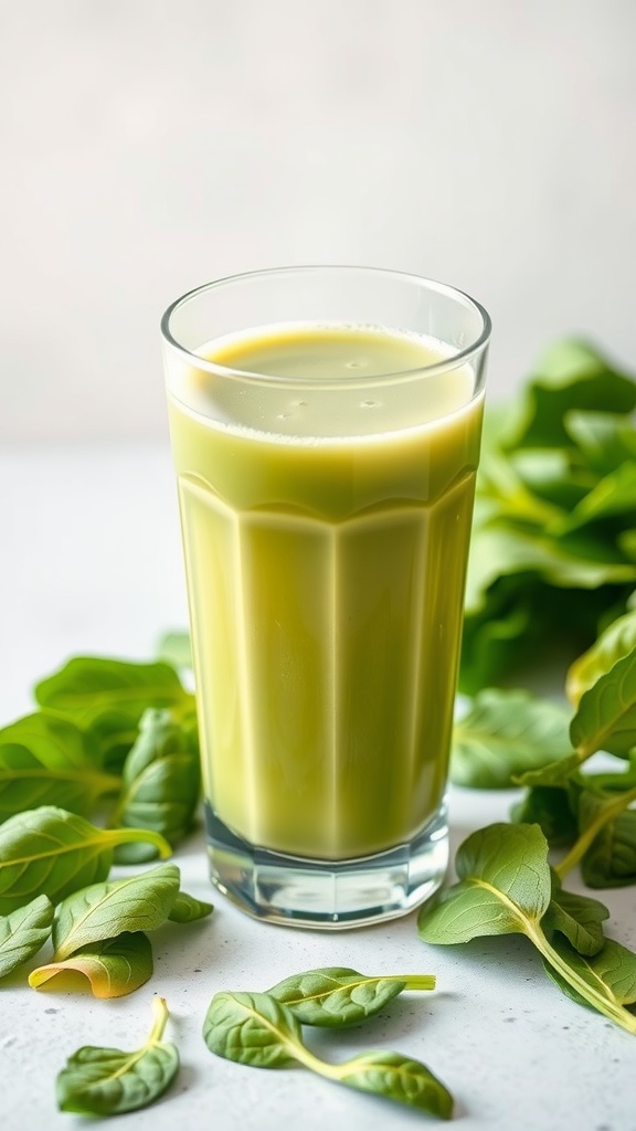 A refreshing glass of green juice surrounded by spinach leaves