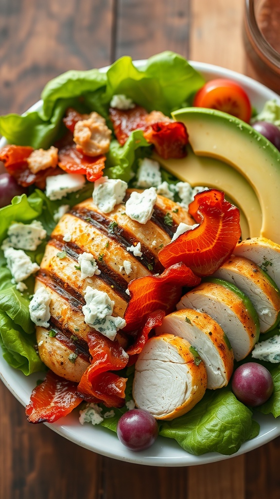 A fresh Cobb salad with grilled chicken, avocado, tomatoes, bacon, and blue cheese.