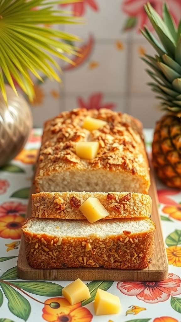 A loaf of coconut bread with pineapple slices on top, sliced to show the soft interior.
