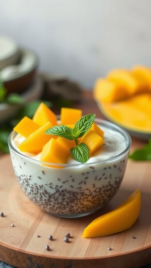 Coconut chia seed pudding topped with diced mango and mint leaves