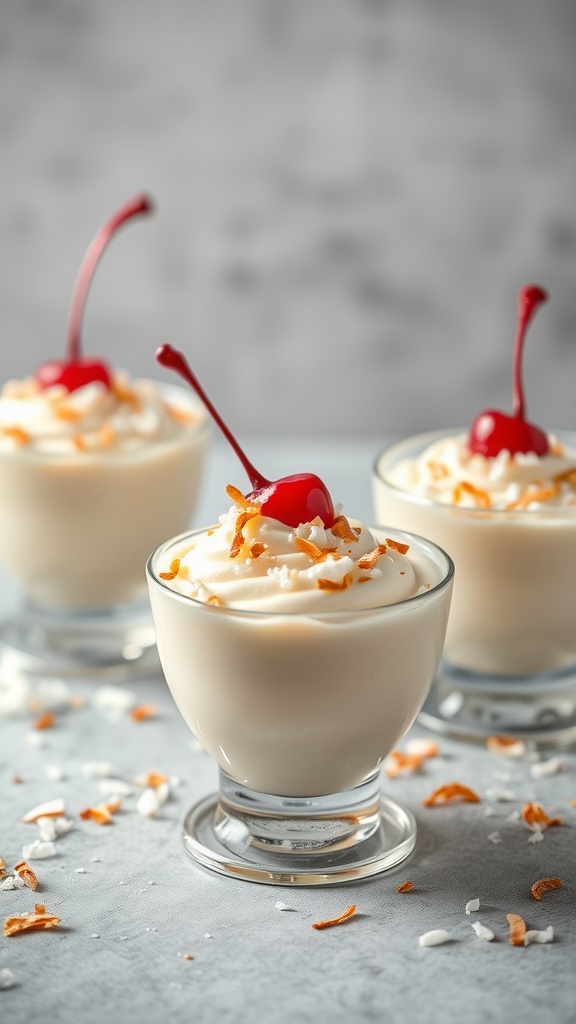 Coconut cream cups topped with whipped cream and cherries