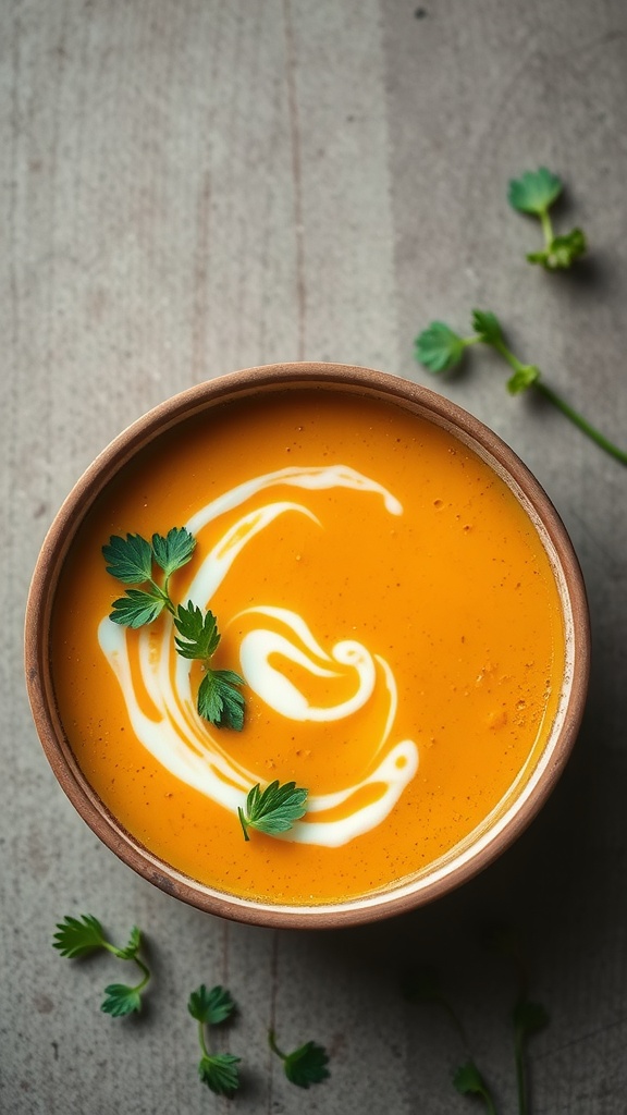 A bowl of coconut curry butternut squash soup garnished with cilantro