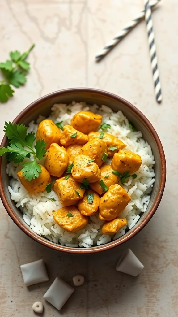A bowl of coconut curry chicken served over rice
