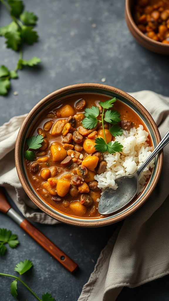 Bowl of Coconut Curry Lentils with rice and fresh cilantro