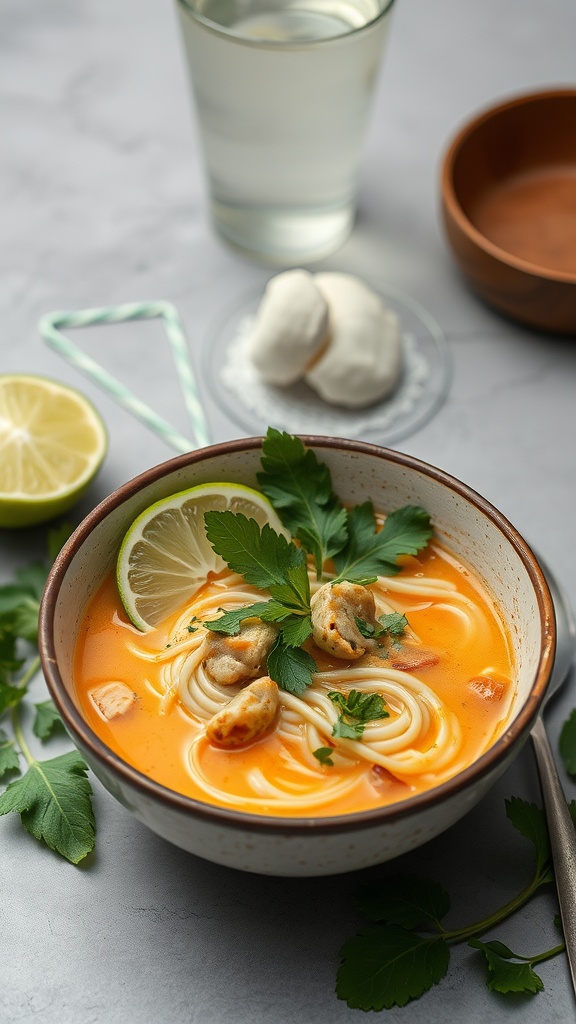 A bowl of coconut curry noodle soup garnished with lime and cilantro.
