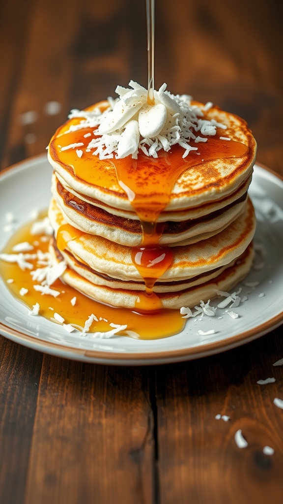 Stack of fluffy coconut flour pancakes topped with syrup and coconut flakes.