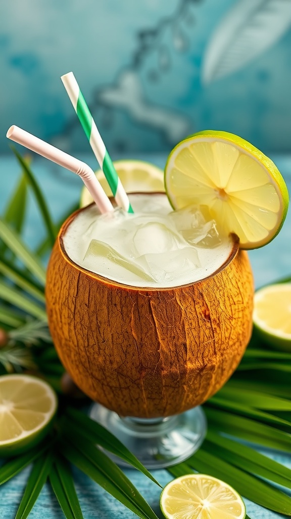 A refreshing Coconut Lime Iced Tea in a coconut cup with a straw and garnished with lime.