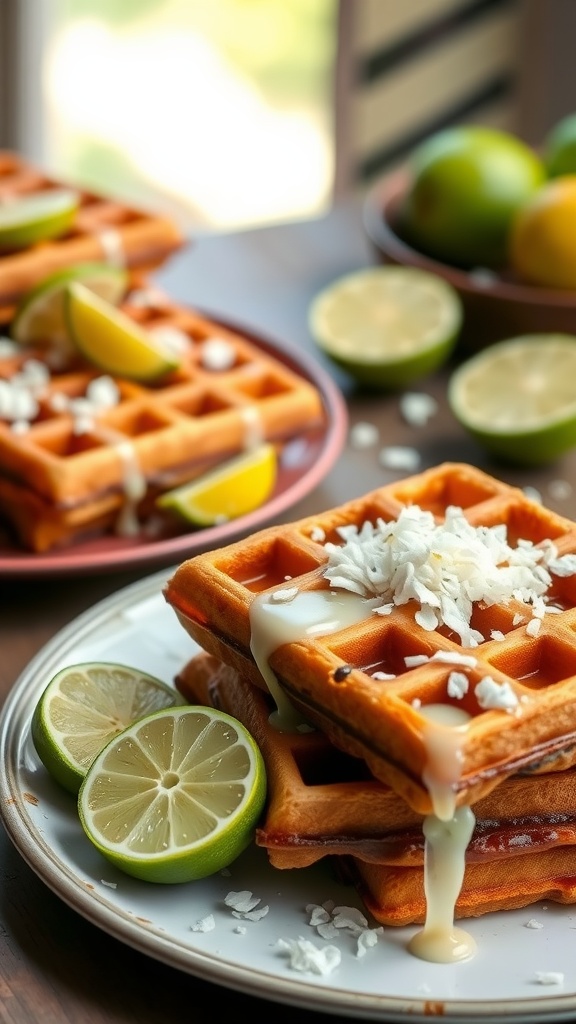 Delicious coconut lime waffles topped with shredded coconut and lime slices.