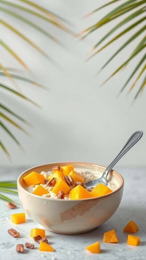 A bowl of coconut mango oatmeal topped with diced mango and nuts.