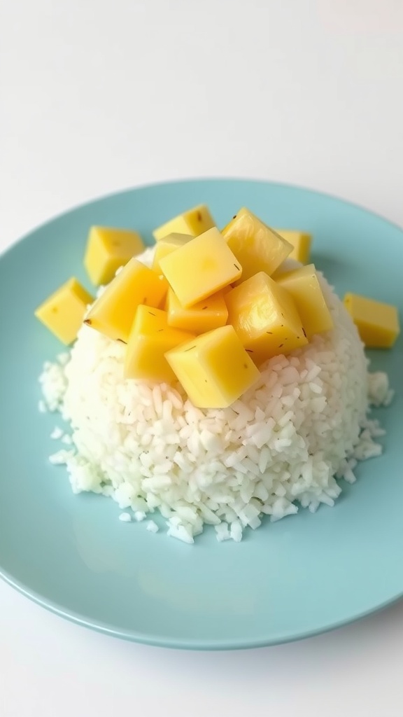A plate of coconut rice topped with fresh pineapple cubes.