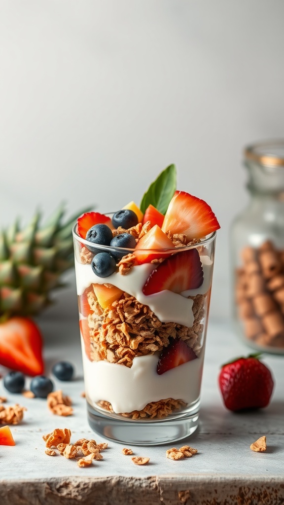A delicious coconut yogurt parfait with layers of yogurt, granola, and fresh fruits.