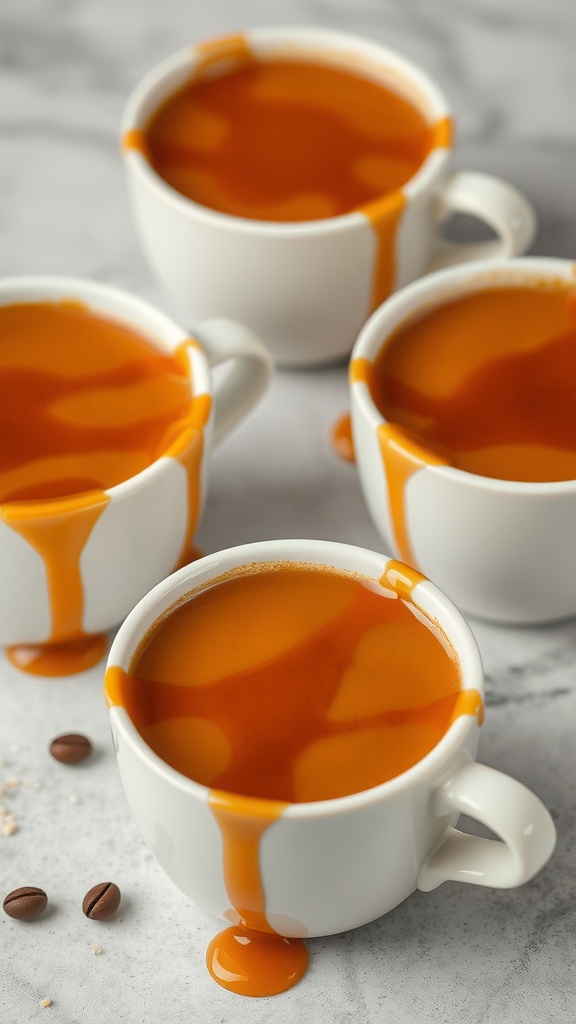 Four coffee flan cups with caramel drizzle