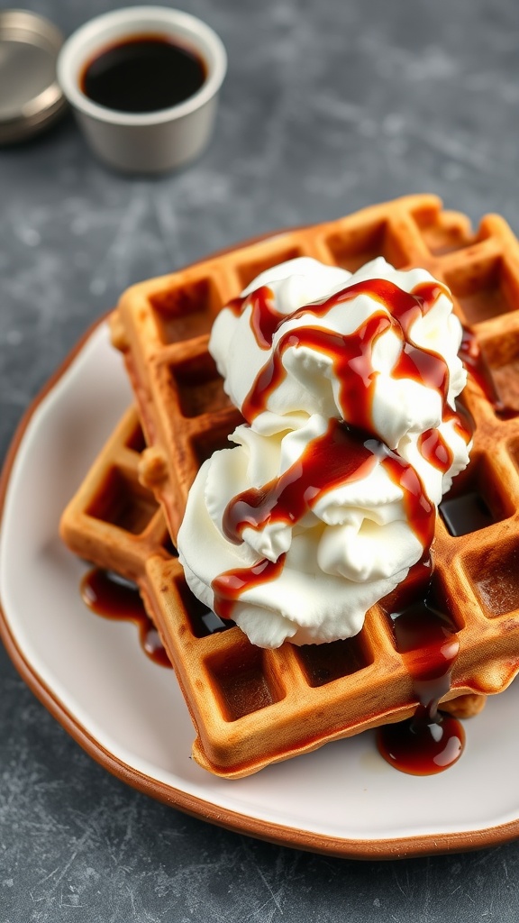 Delicious coffee waffles topped with whipped cream and chocolate syrup.