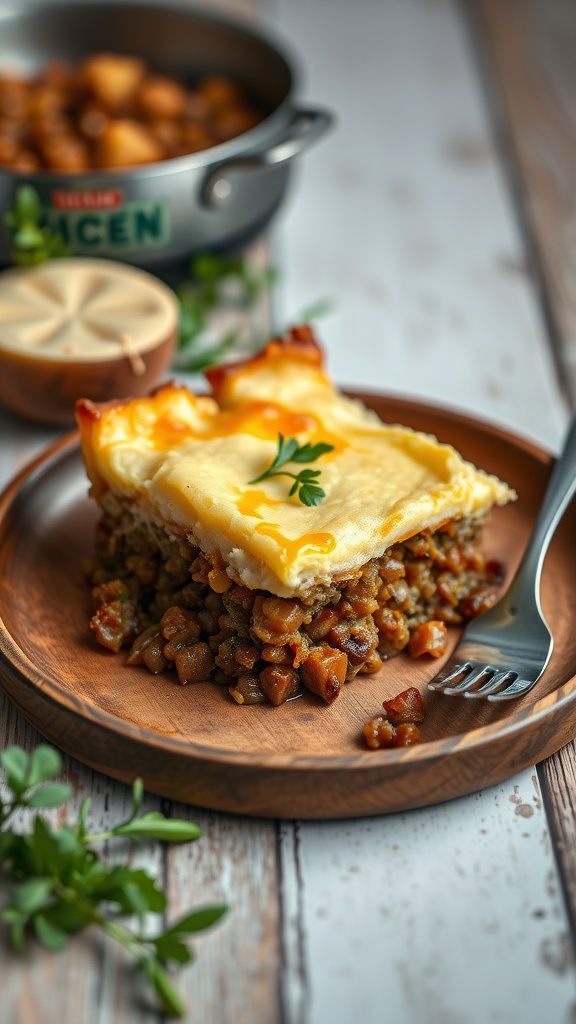 A hearty serving of lentil shepherd's pie on a wooden plate, topped with creamy mashed potatoes and garnished with a sprig of parsley.