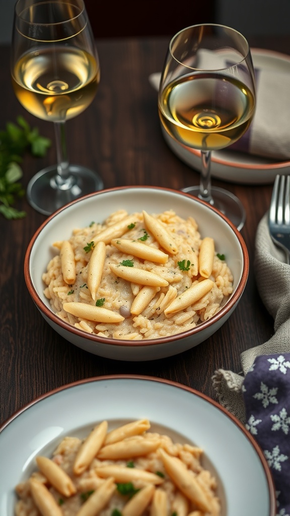 A cozy bowl of risotto, garnished with parsley, accompanied by glasses of white wine.