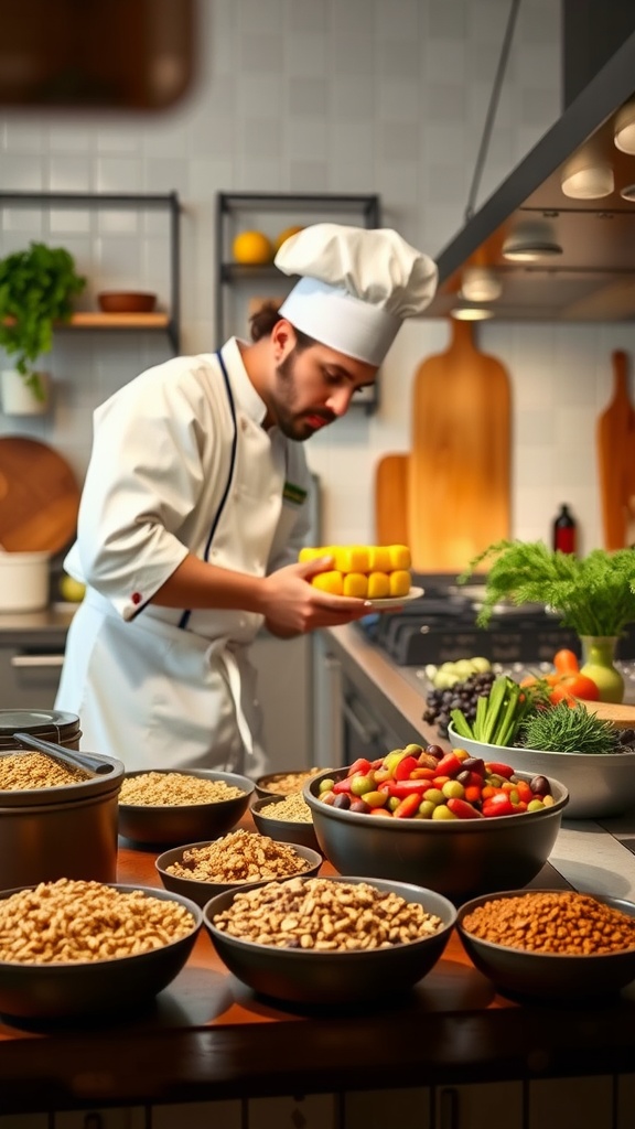 A chef in a kitchen preparing various high fiber foods and fruits.