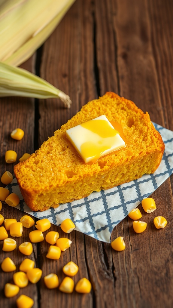 Delicious cornbread with honey butter on a rustic wooden surface.