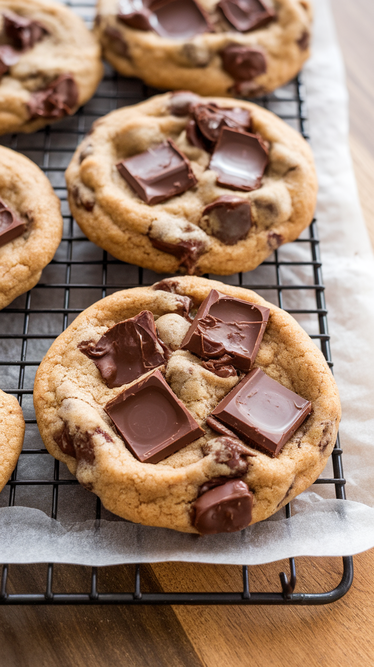 Freshly baked chocolate chip cookies on a cooling rack