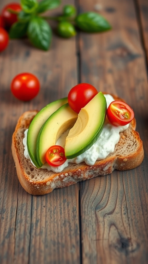 Cottage cheese and avocado toast topped with tomatoes and herbs