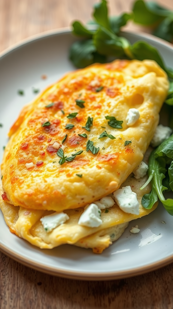 A delicious cottage cheese and herb omelette garnished with fresh herbs.