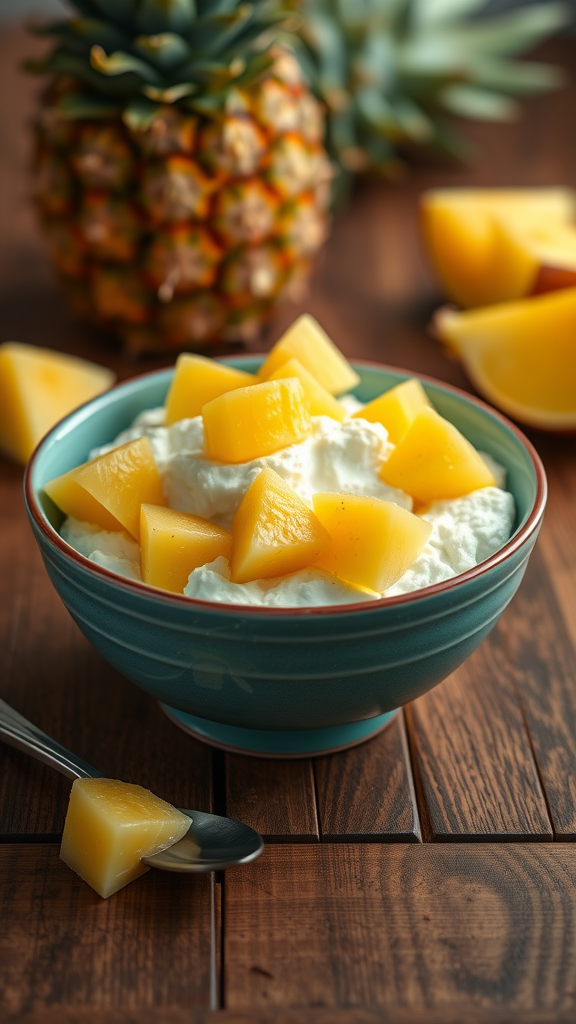 A bowl of cottage cheese topped with pineapple chunks and mint leaves on a wooden table.