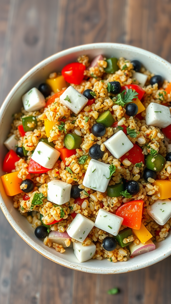 A colorful salad featuring quinoa, cottage cheese, and fresh vegetables.