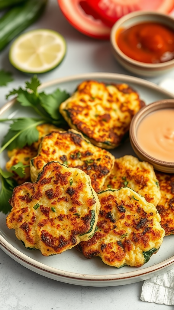 Plate of crispy cottage cheese and zucchini fritters served with dipping sauce