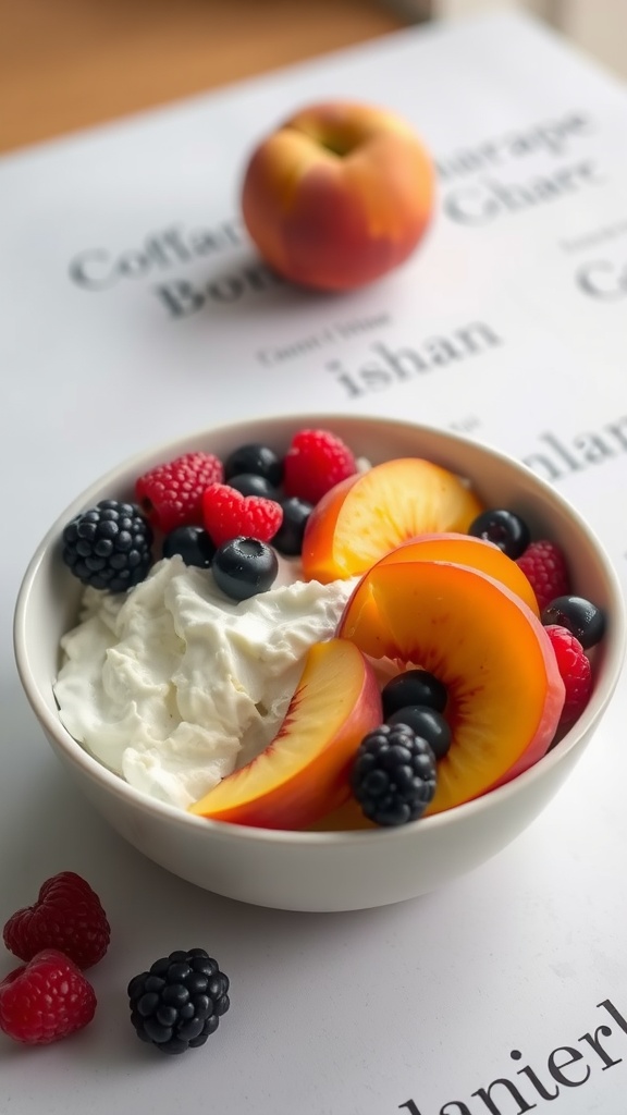 A bowl of cottage cheese topped with fresh fruits including berries and sliced peaches.