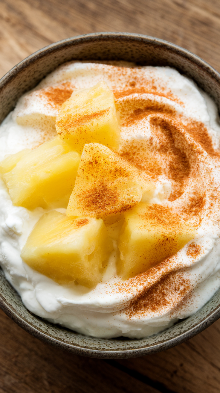 A bowl of cottage cheese topped with pineapple chunks and sprinkled with cinnamon.