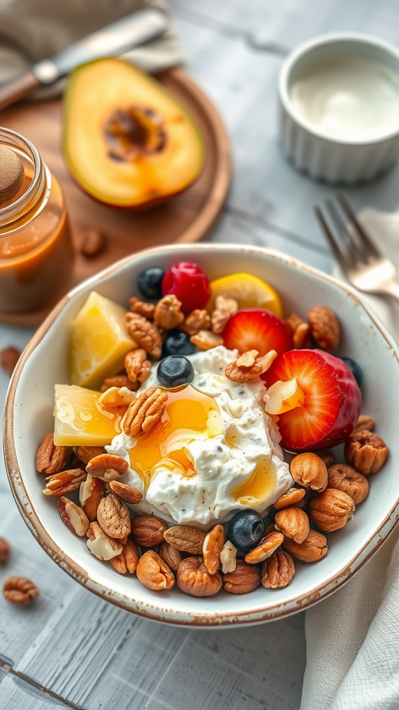 A delicious bowl of cottage cheese topped with fresh fruits and nuts.